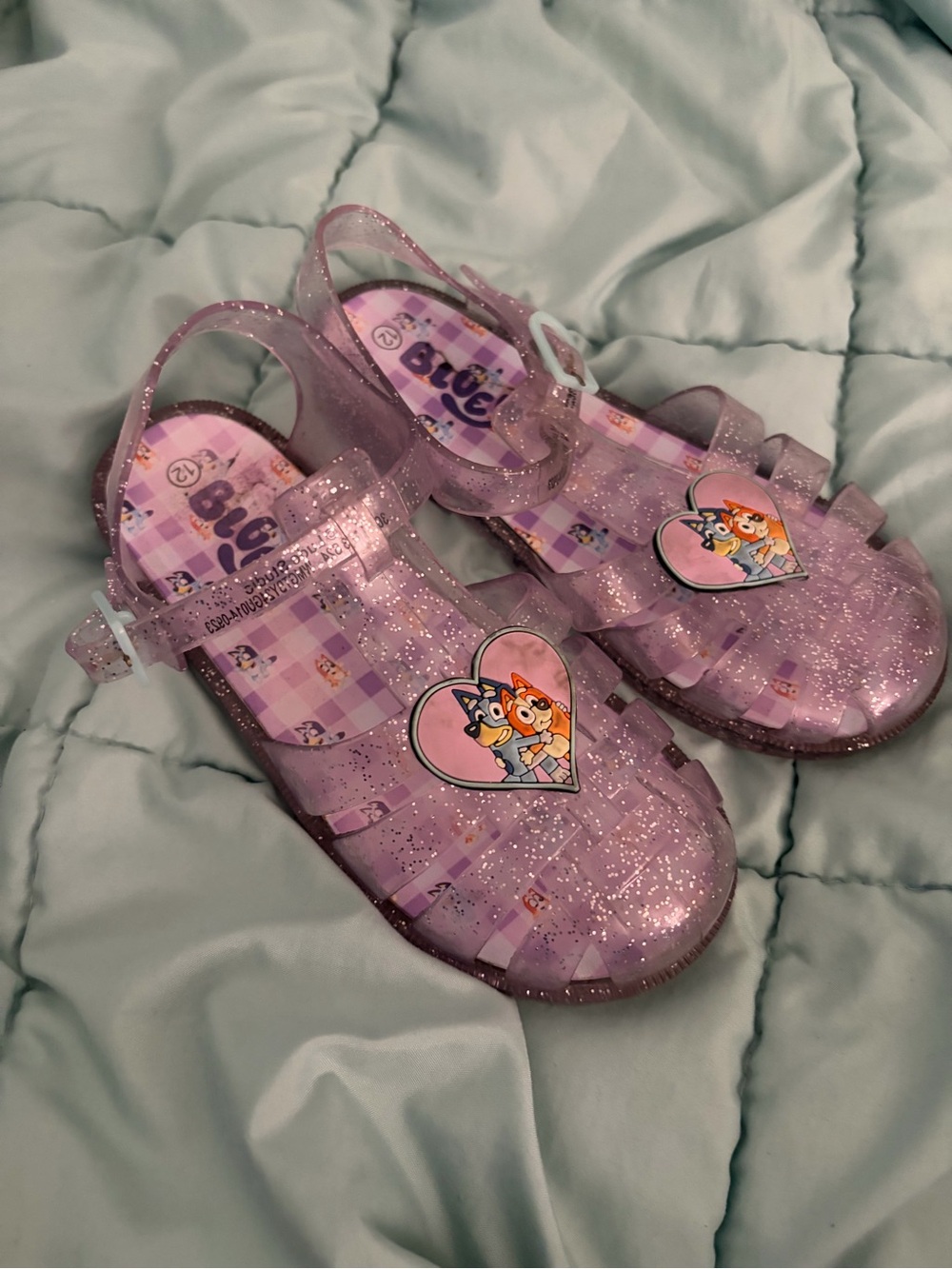 Kids Glitter Jelly Sandals in Purple with Heart Character Accent